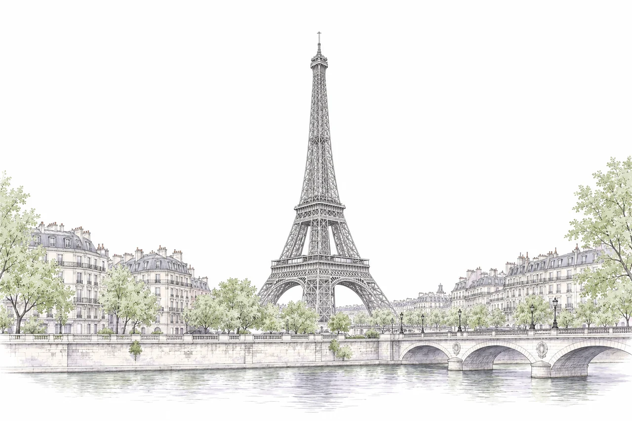 Illustration of the Eiffel Tower and Paris architecture.
