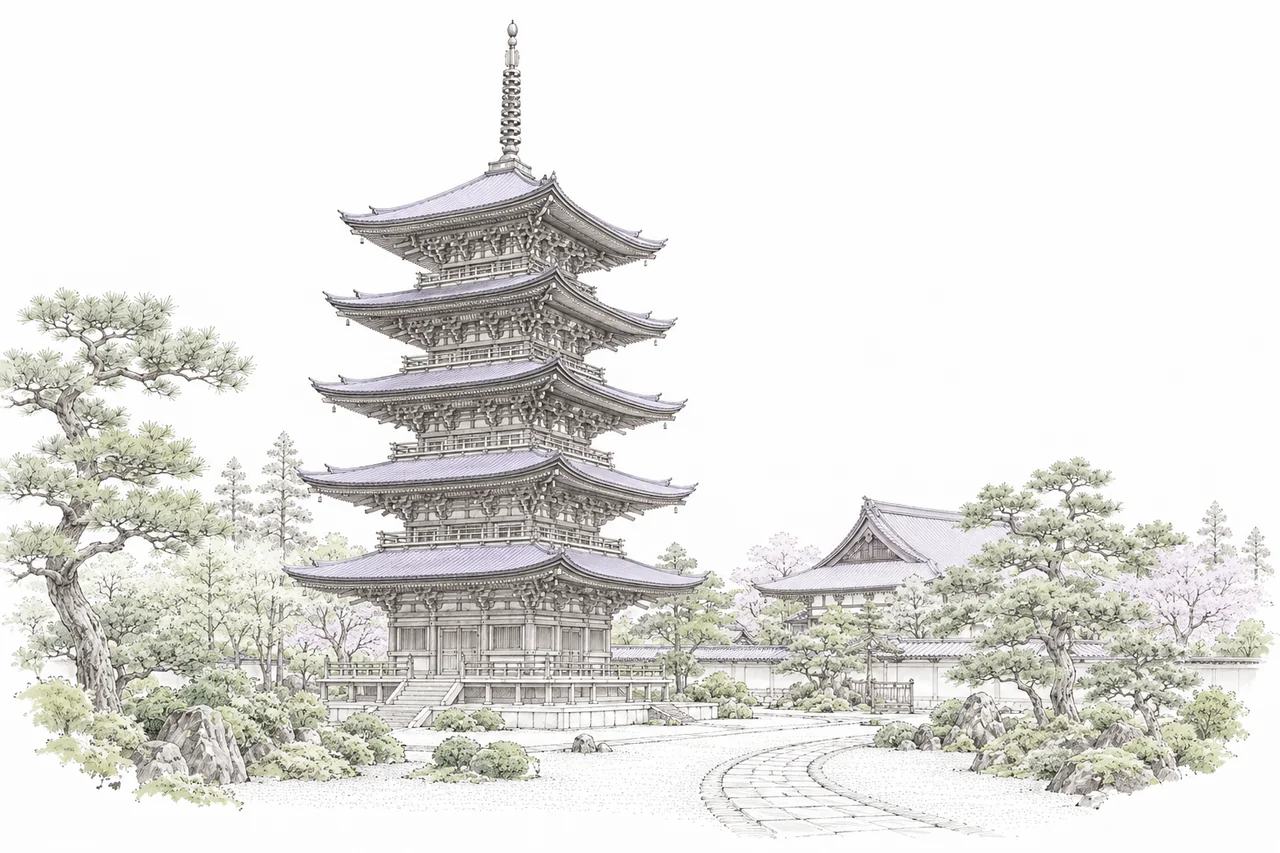 Illustration of a five-storey Japanese pagoda and temple garden.
