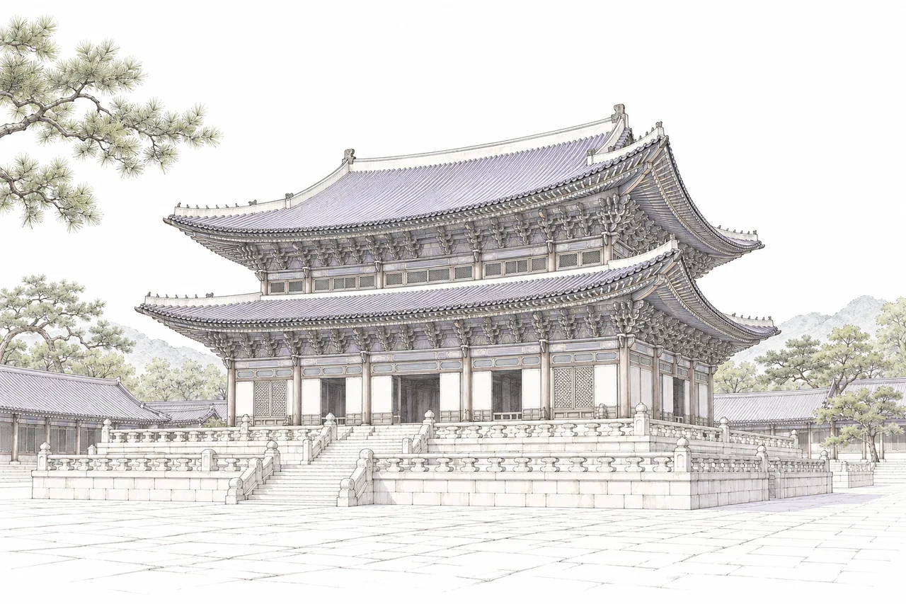 Illustration of the main hall at Gyeongbokgung Palace in Seoul.
