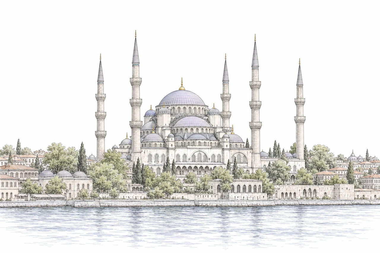 Illustration of Istanbul’s domed mosque architecture and waterfront.