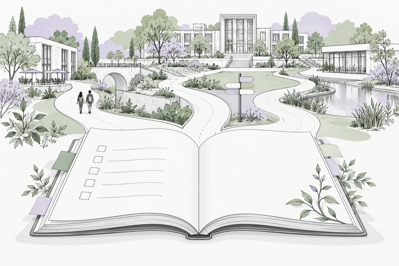 An open book illustrated as pathways leading toward a university campus.