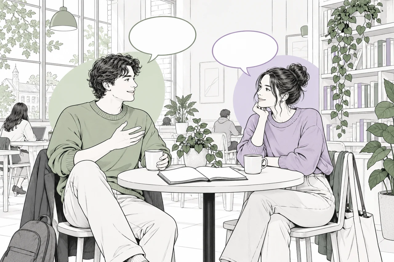 An illustration of two students practising a conversation in a café.