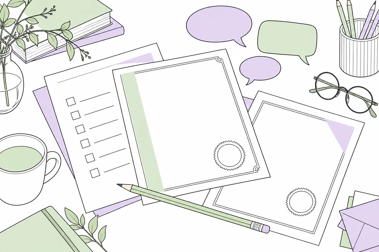 Illustrated certificates, a checklist and speech bubbles.