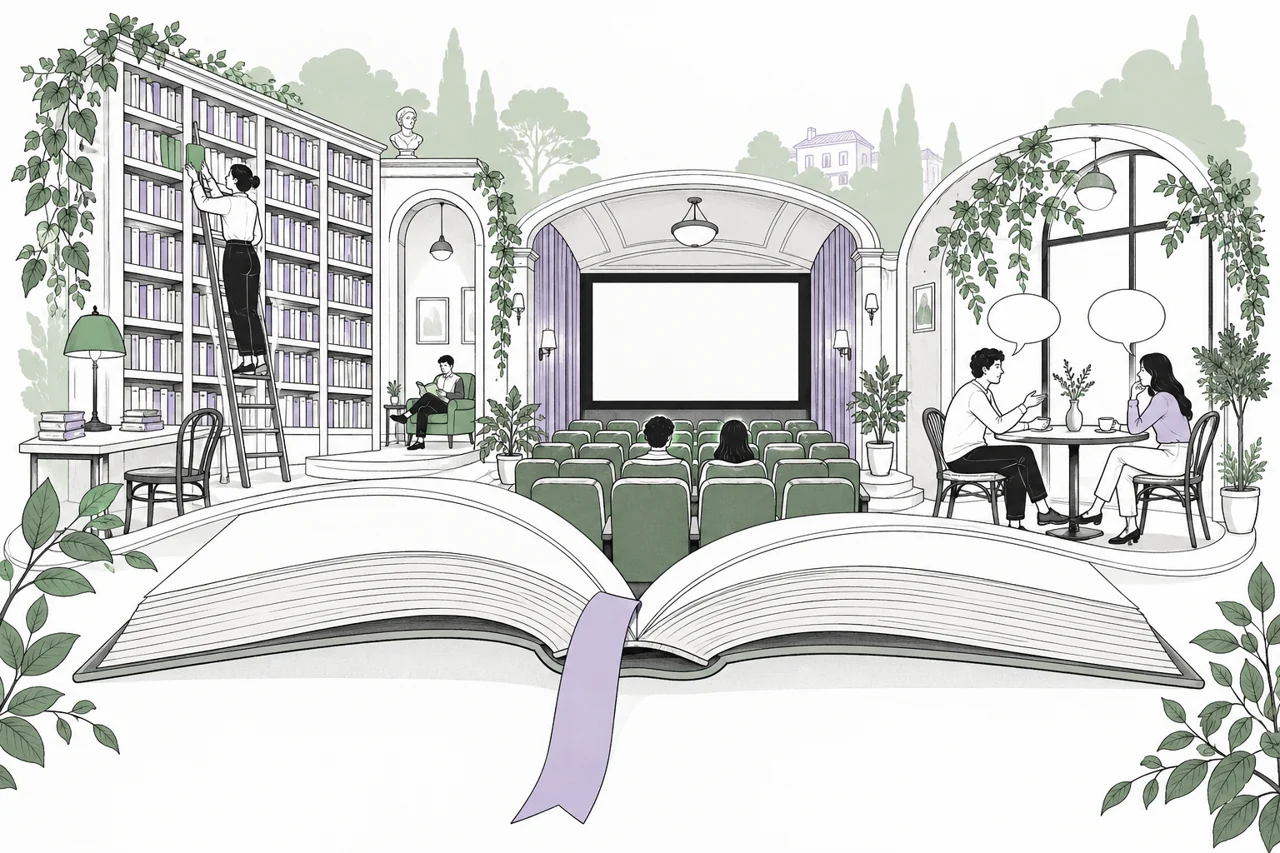 An open book connecting a library, a cinema and a conversation.