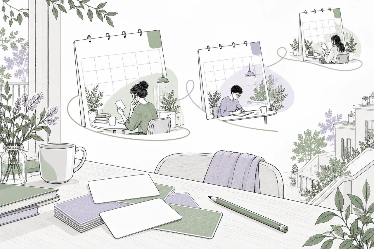 Illustrated flashcards and study sessions spaced across a calendar.