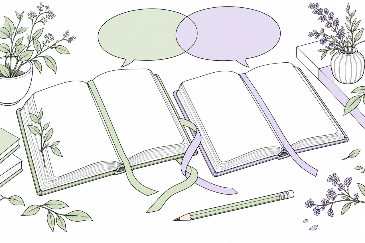 Two open books with intertwined bookmarks and speech bubbles.