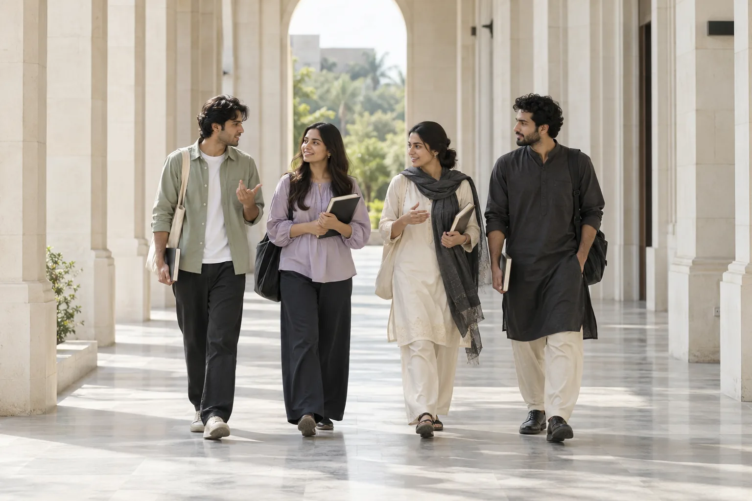 Four young adults walking together through a bright stone colonnade.