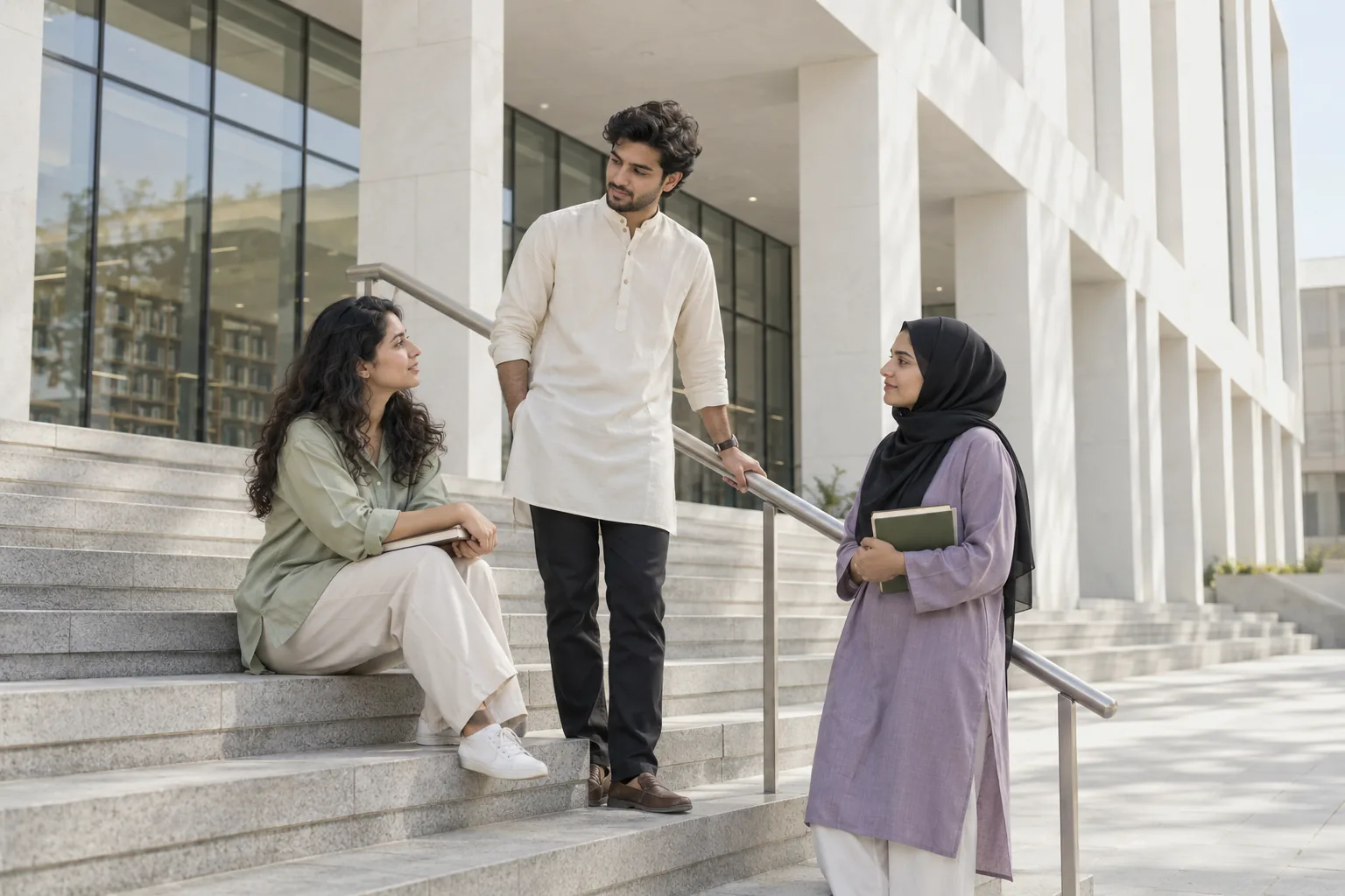 Three young adults talking on the steps outside a library.